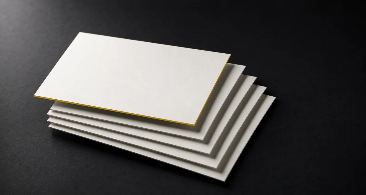 Five blank cards fanned into a stack on a near-black surface, the lifted top card rimmed in warm yellow.
