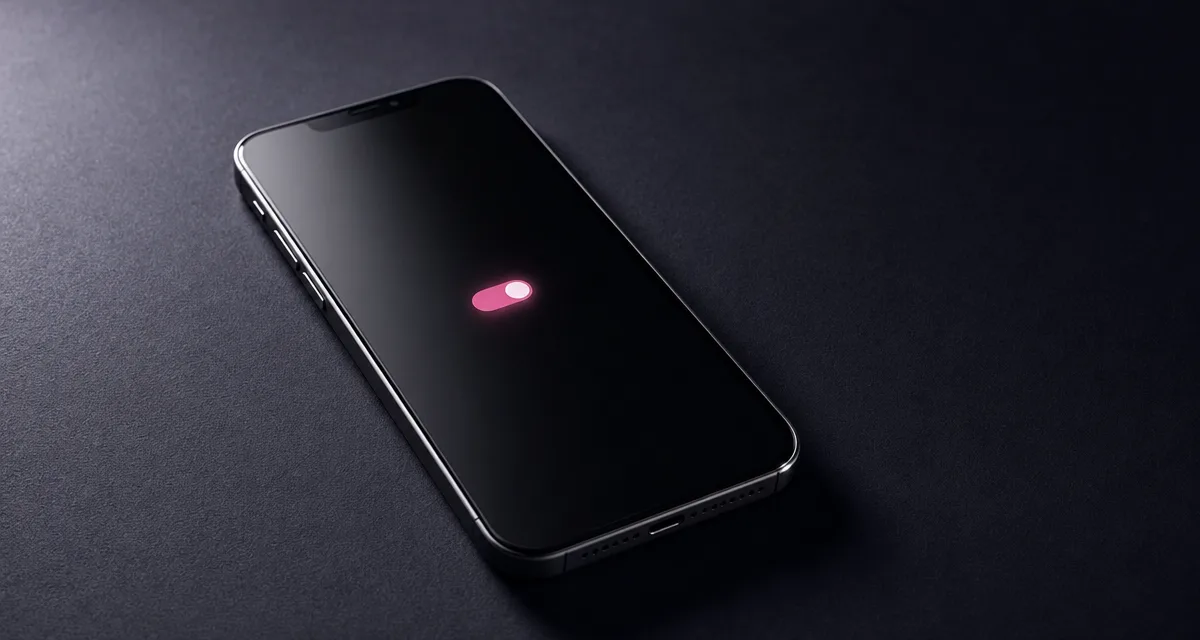 A smartphone lying face-up on a near-black surface, its dark screen showing one small glowing magenta toggle.