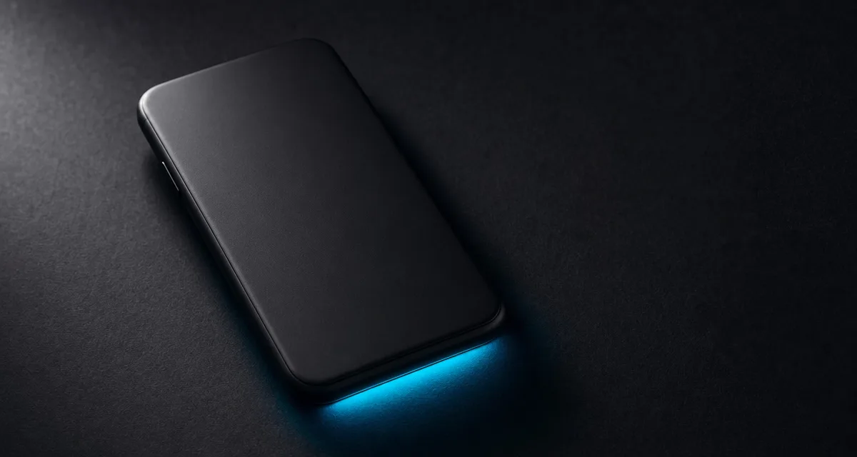 A smartphone lying face-down on a near-black surface, with a thin band of cyan light escaping from beneath one edge.