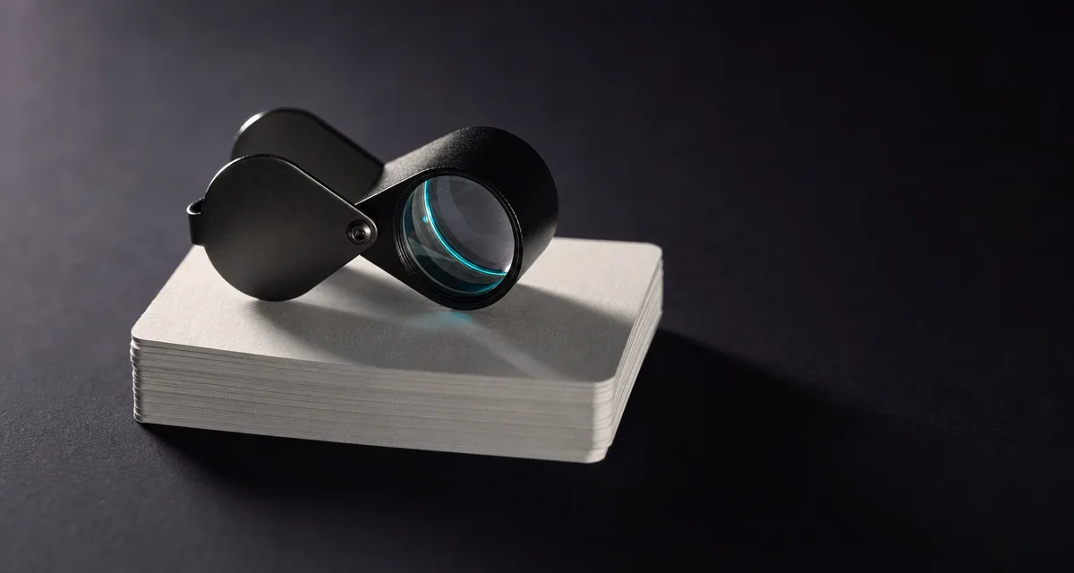 A jeweller’s loupe resting on a stack of blank index cards on a near-black surface, a thin cyan rim of light on its glass.