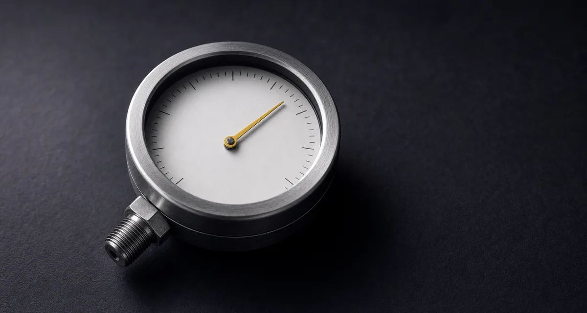 An analogue pressure gauge lying face-up on a near-black surface, its yellow needle just past the middle of a blank dial.